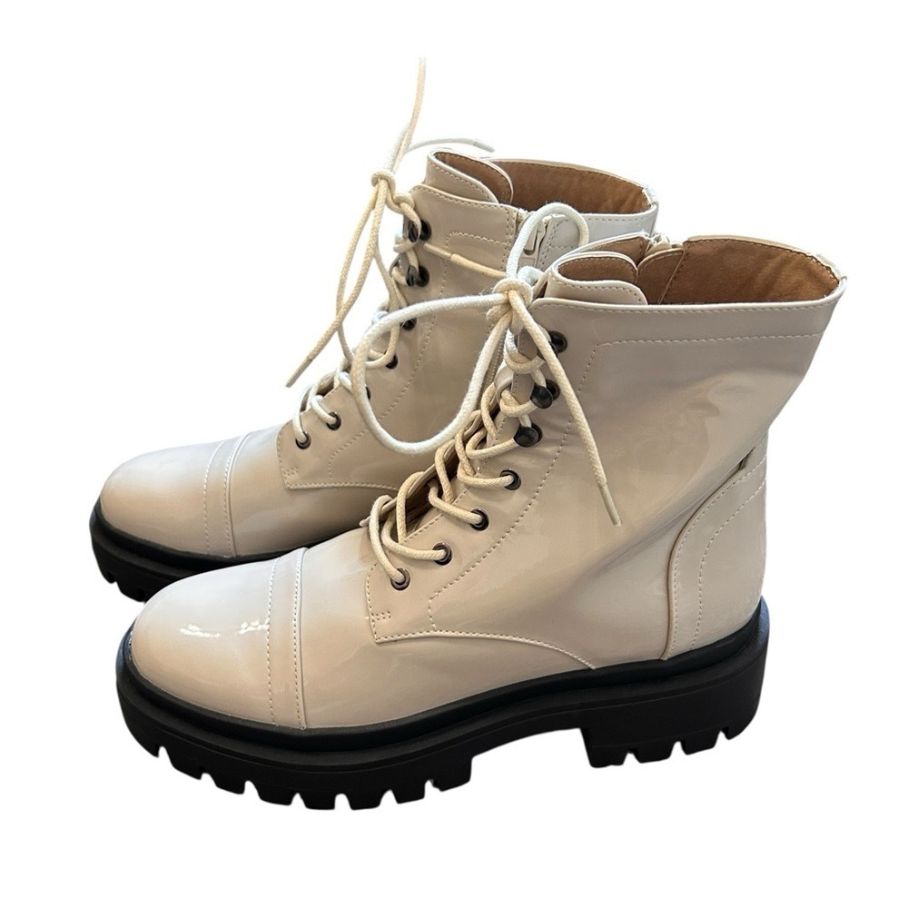 NWOT ShuShop Ursula Combat Boots Womens 8.5 Bone Patent Platform Chunky‎ Heel
